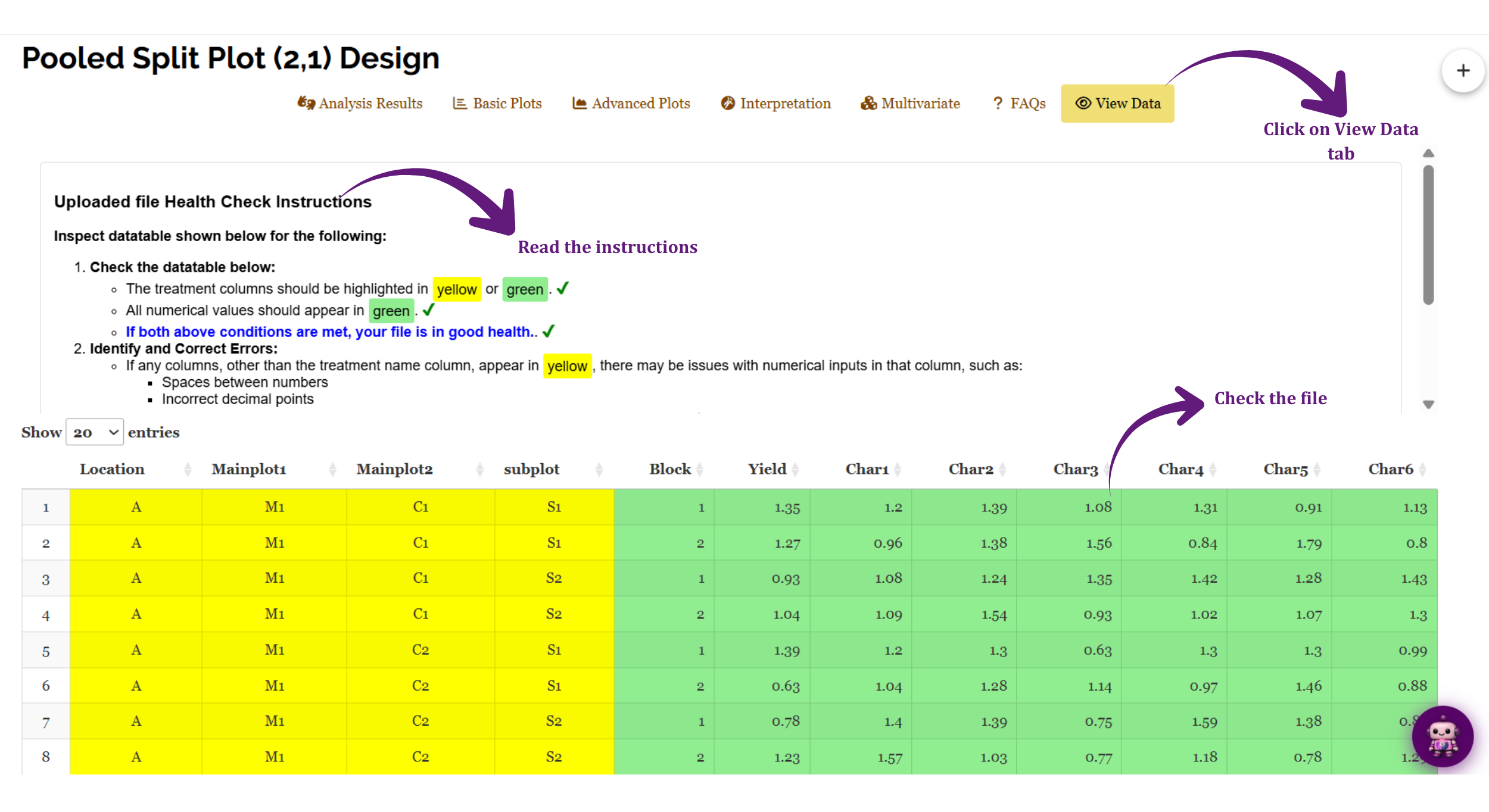 View data: the uploaded file health check